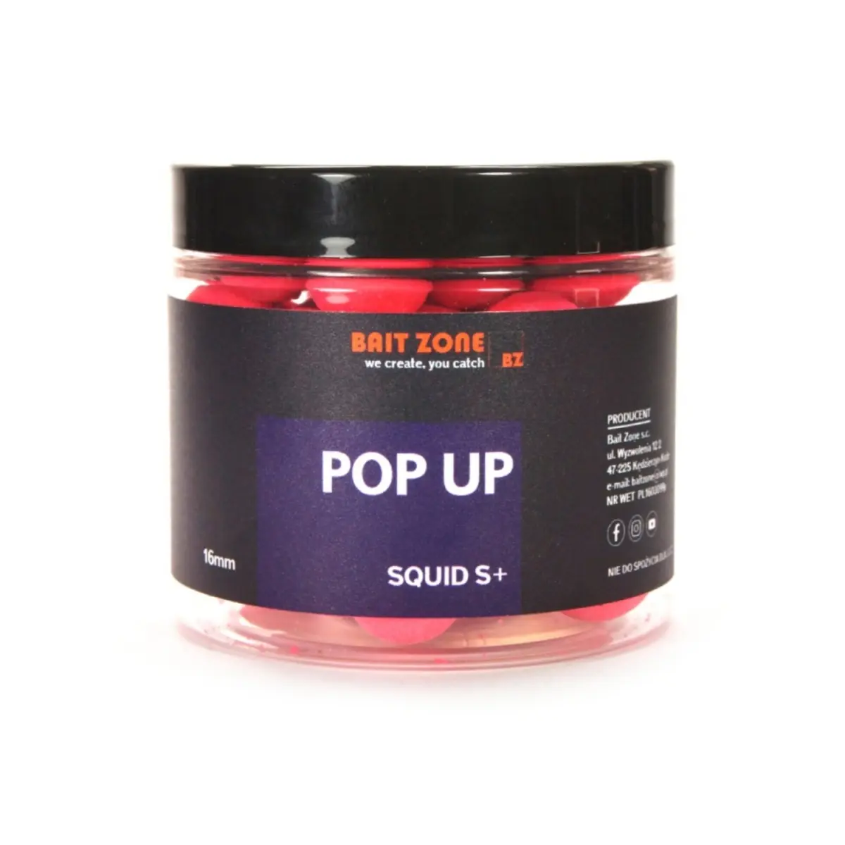 Bait Zone Pop Up Boilies Squid S+rozmiar 16mm / 250ml - MPN: BZPOPS16 - EAN: 200000053109