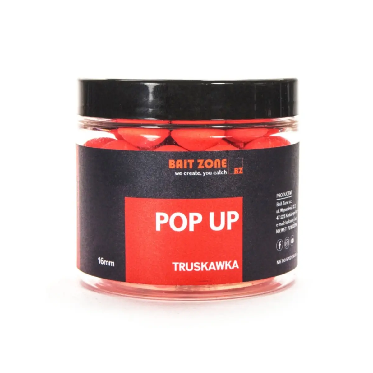 Bait Zone Pop Up Boilies - Truskawkarozmiar 16mm / 250ml - MPN: BZPOPT16 - EAN: 200000053178