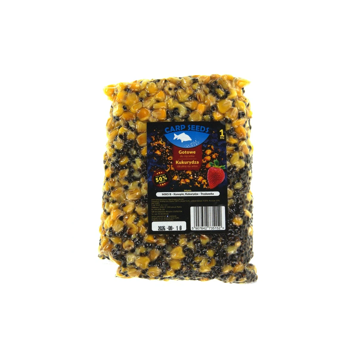 Carp Seeds Mix - Konopie, Kukurydza - Truskawkaopakowanie 1kg - EAN: 5907642735152
